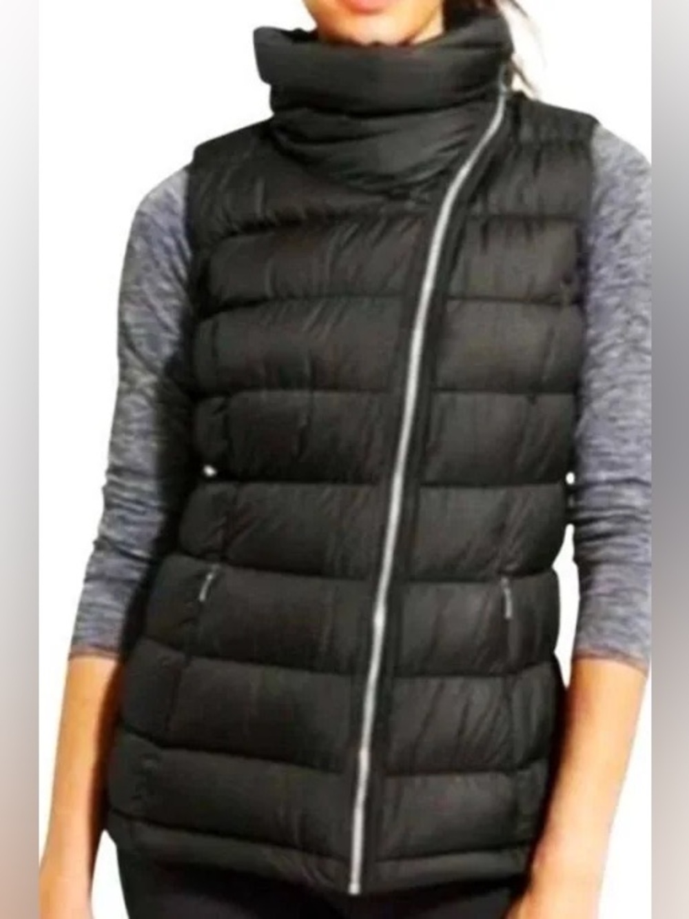 Athleta Downabout Black Quilted Puffer Vest with High Asymmetrical Collar 1X